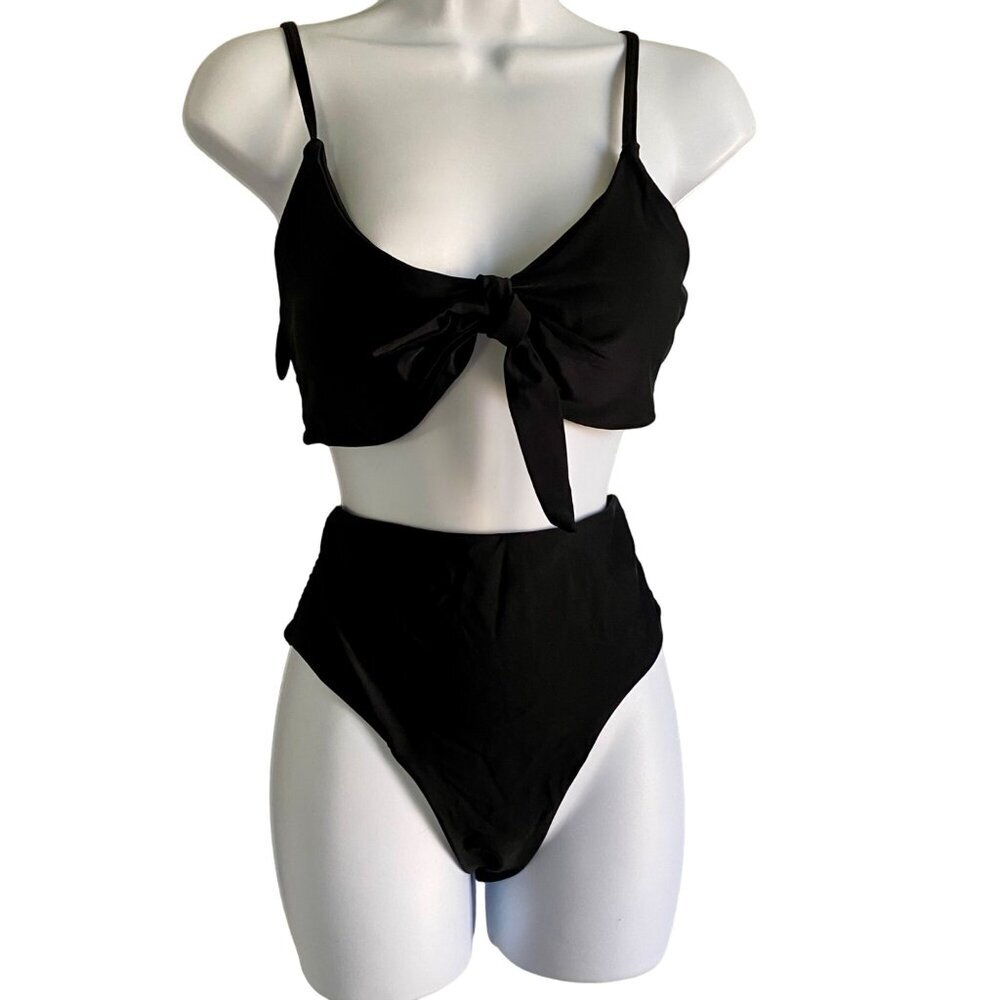 New Blooming Jelly Black High Waisted Bikini Swim Suit Tie Knot Medium NWT